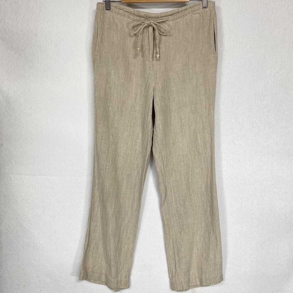 Talbots Womens 8 Irish Linen Pants Beige Drawstring Straight Leg Beach Cruise